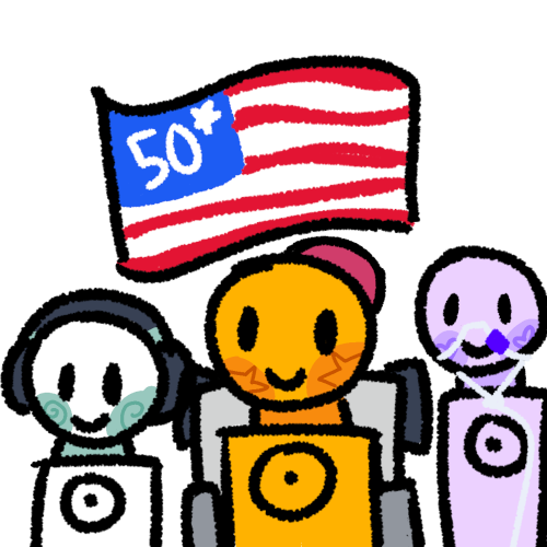 a white person with noise canceling headphones, a yellow person in a gray wheelchair wearing a kippah, and a lavender person with a nasal tube gathered underneath a simplified version of the American flag. All three people have the disability sun on their chest, showing that all three of them are disabled in some way.